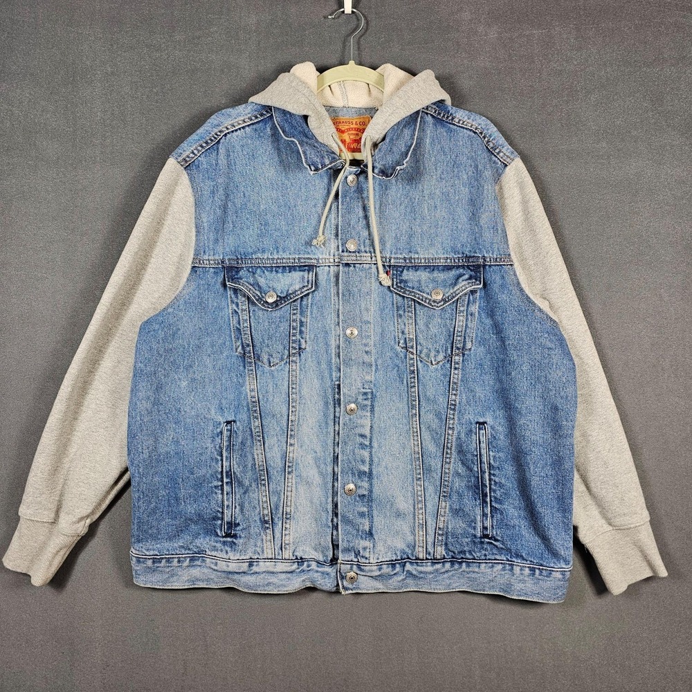 Levis Jacket Mens XL Blue Denim Hooded Varsity Vintage Fit Snap Front Sweatshirt